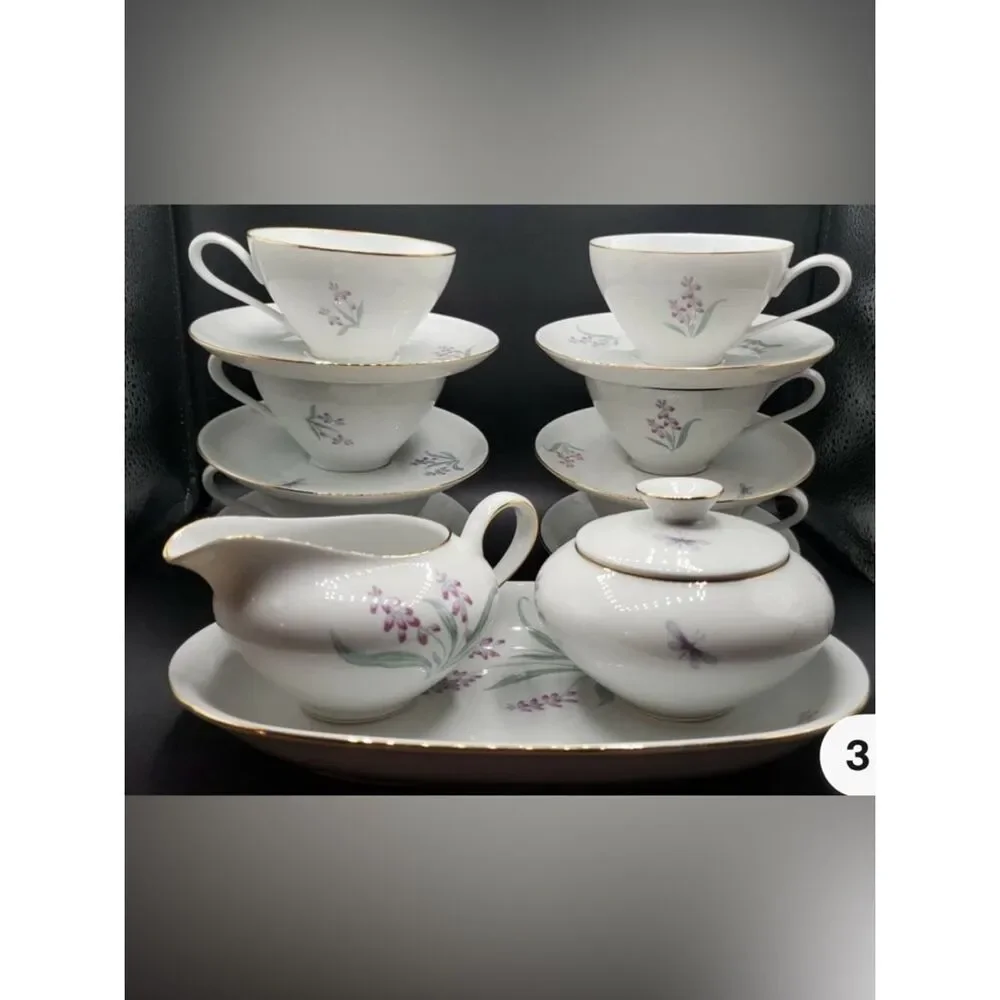 R KPM Krister Germany White Porcelain Creamer Sugar Bowl Tea Set Purple Floral